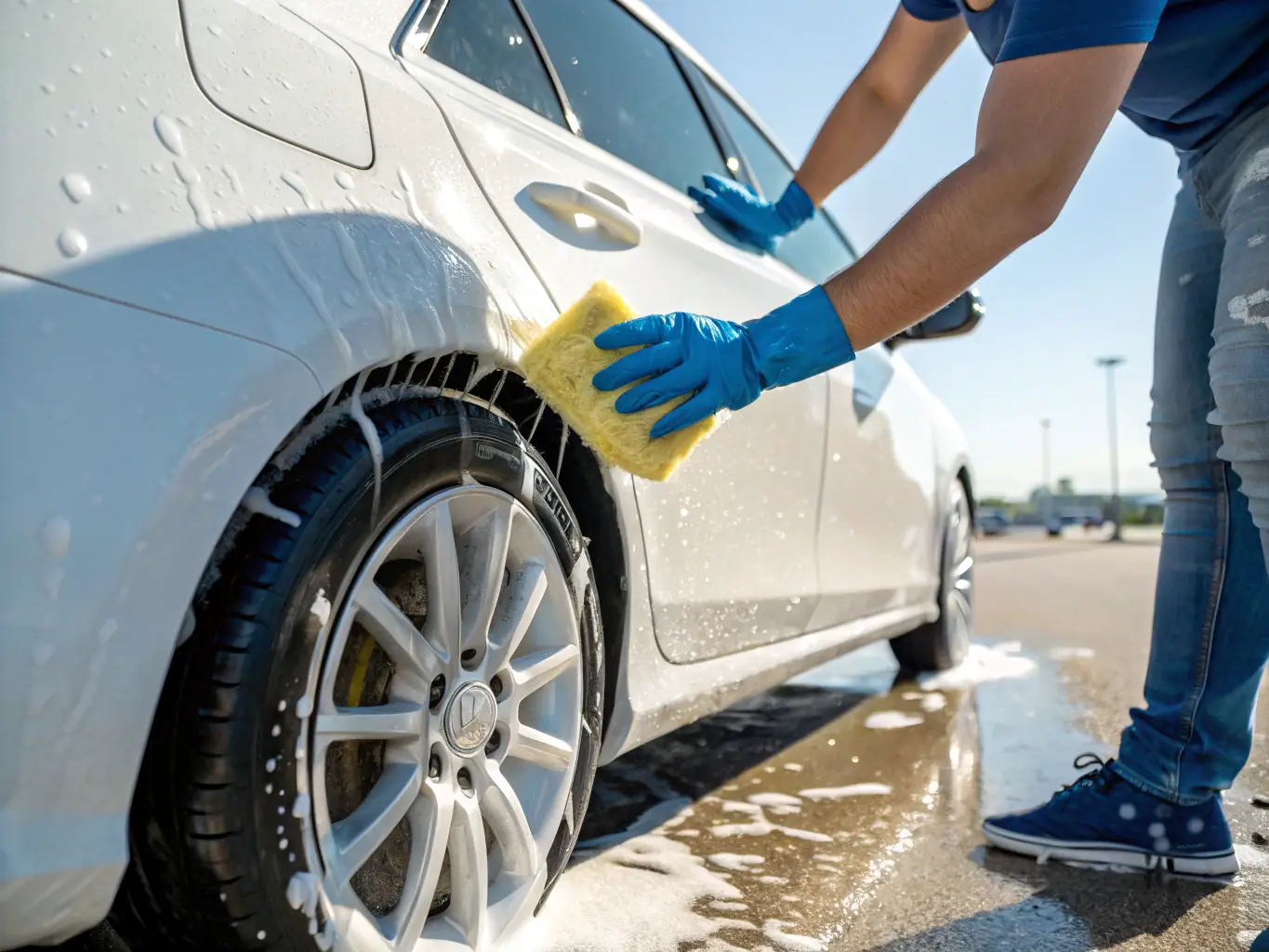 A technician using eco-friendly cleaning products on a car, with a focus on the environmentally conscious aspect of the service.