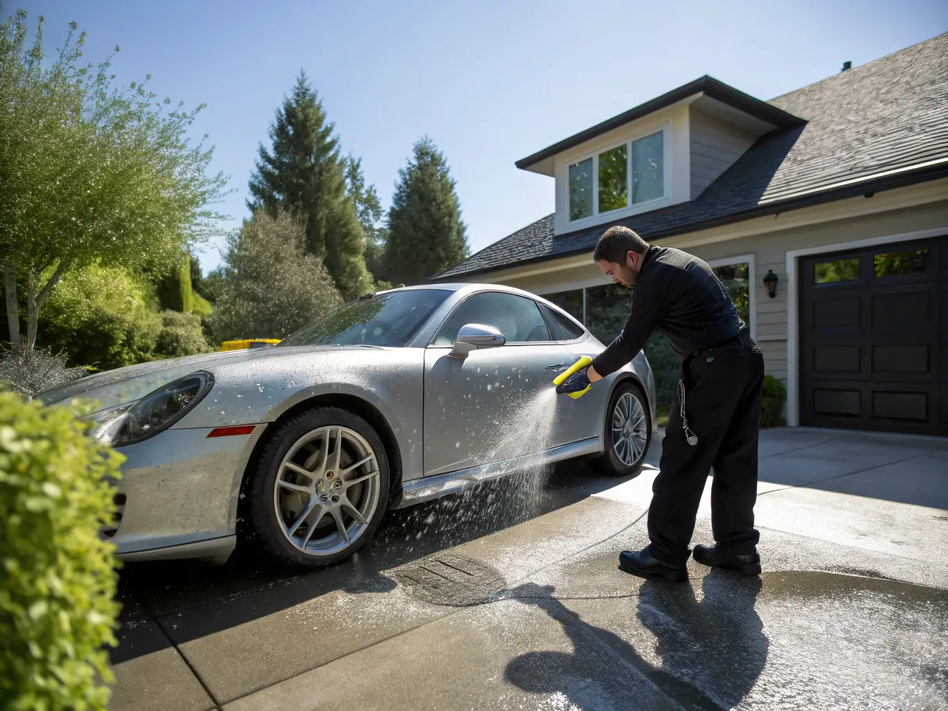 A clean, shiny car parked outside a modern home, with a technician washing it using eco-friendly equipment, showcasing the convenience of Pulito Express Riviera's home car wash service.