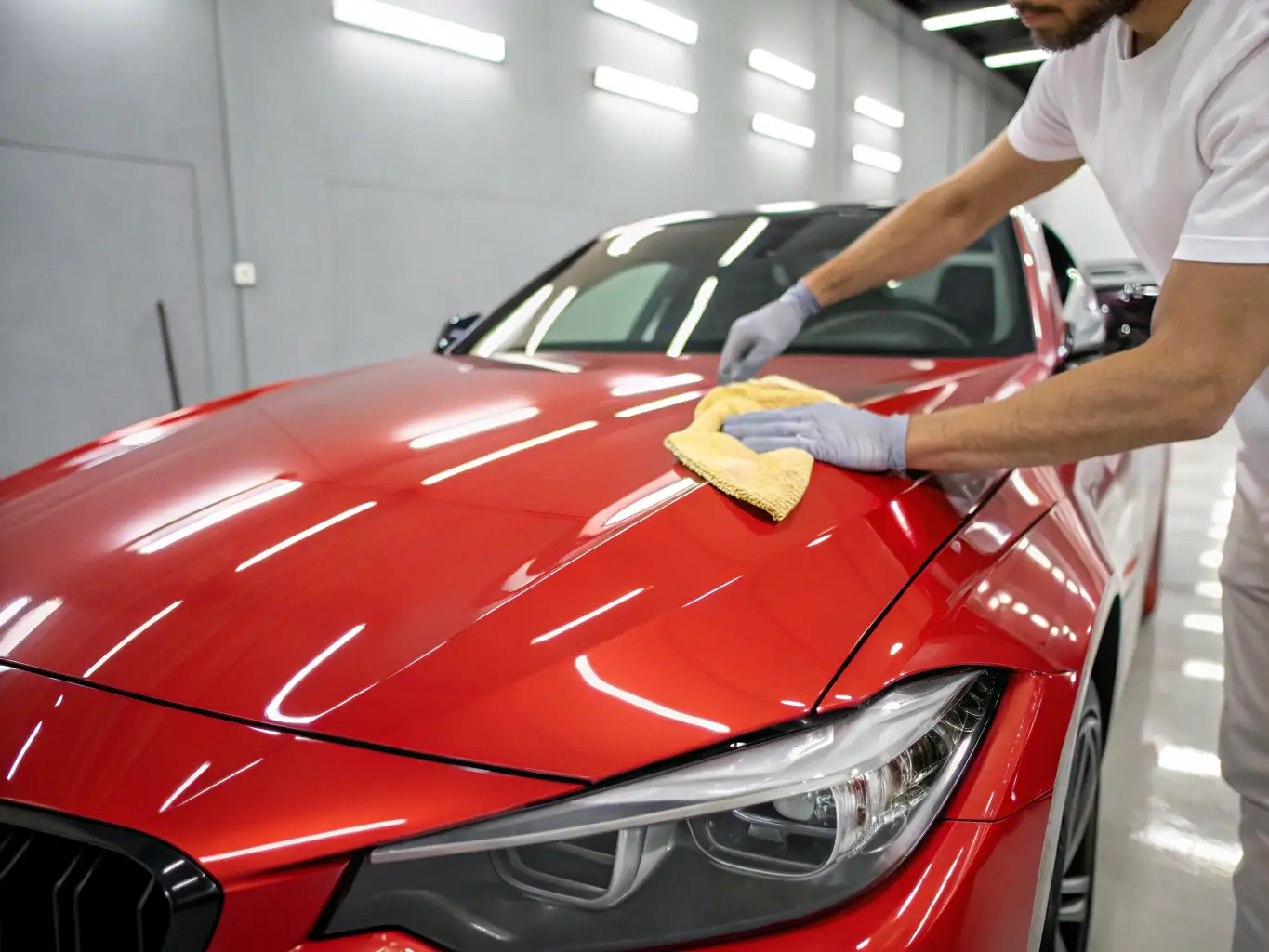A close-up of a car being polished with a buffer, showing a shiny, reflective surface, demonstrating the effectiveness of Pulito Express Riviera's exterior polishing service.