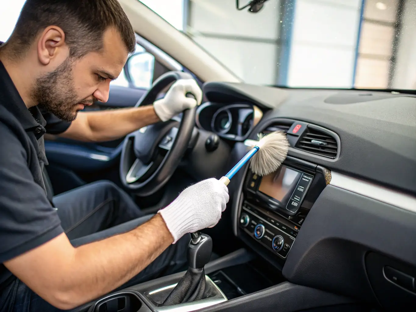 A professional car detailer meticulously cleaning the interior of a car with a vacuum and detailing brushes, focusing on the dashboard and center console, in a well-lit garage setting.