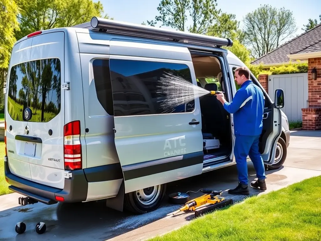 A Pulito Express Riviera van parked in front of a customer's home, with a technician washing a car. The scene should convey convenience and professionalism.