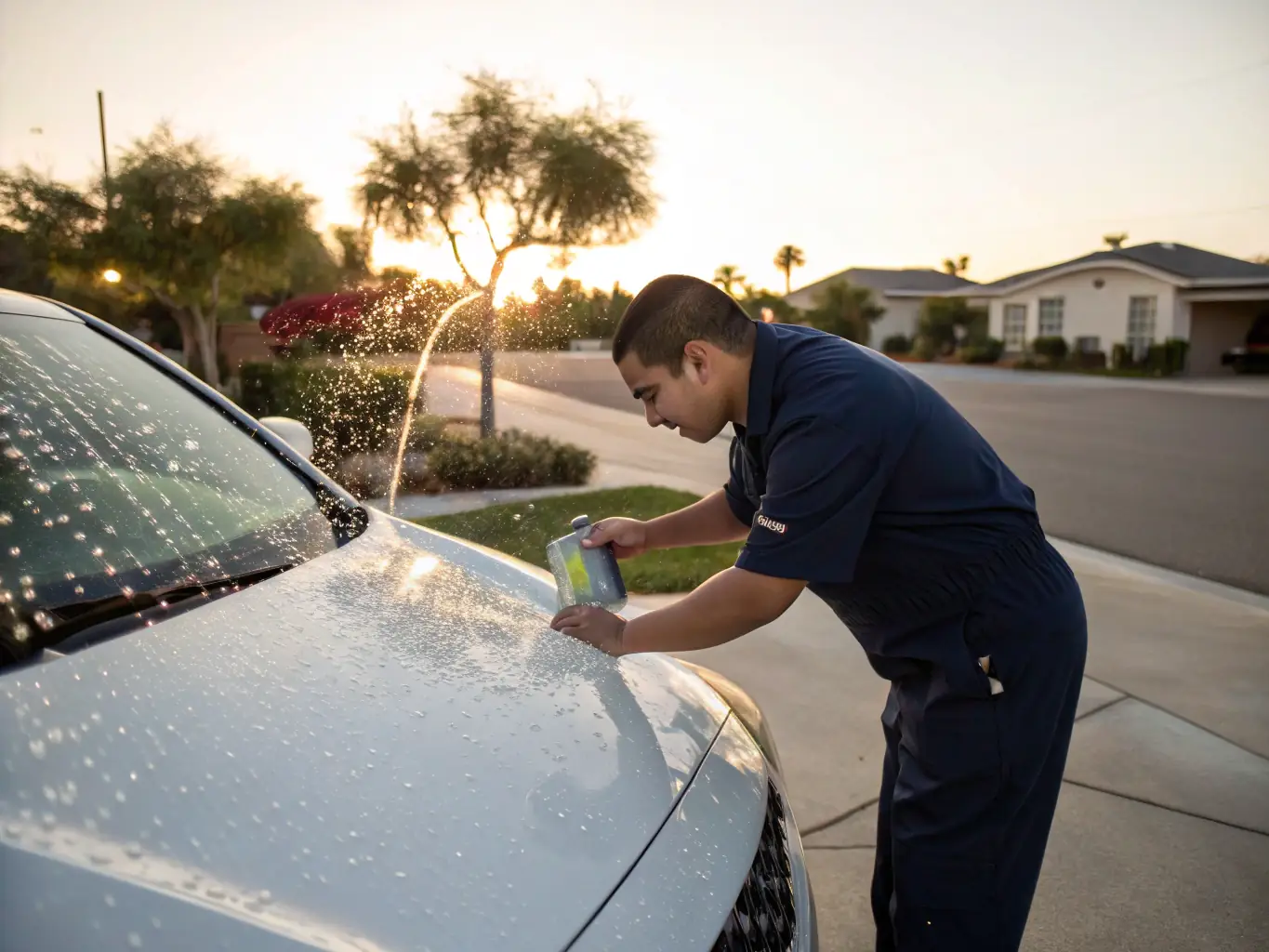 A clean, shiny car parked outside a modern home, with a technician washing it using eco-friendly equipment, showcasing Pulito Express Riviera's home car wash service.