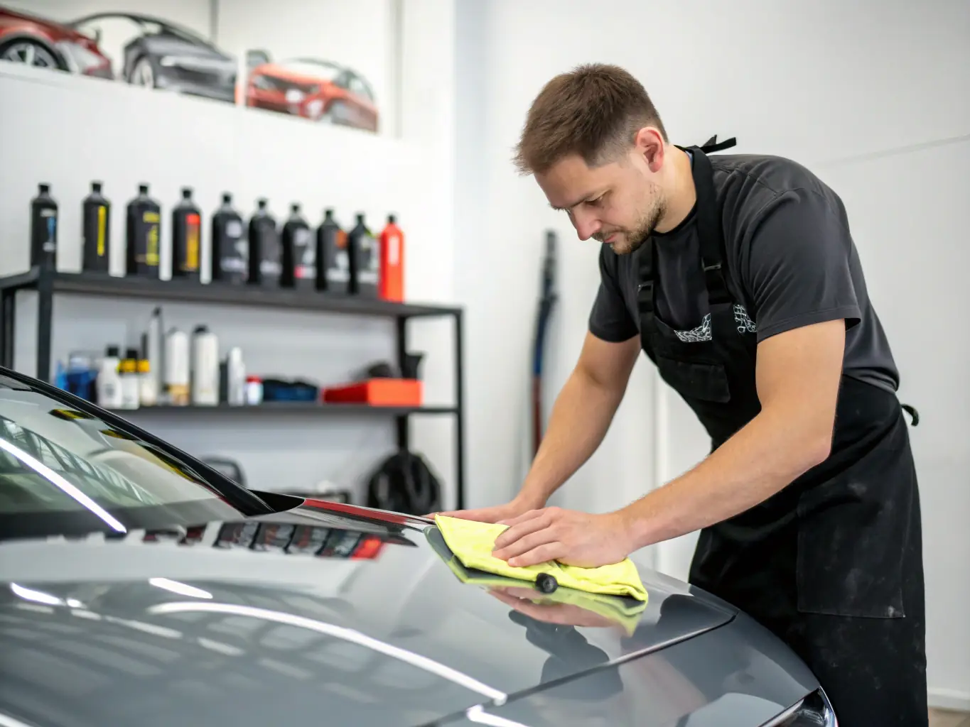 A car undergoing exterior polishing, with a detailer using a polishing machine to restore the paint's shine, in a professional detailing studio.